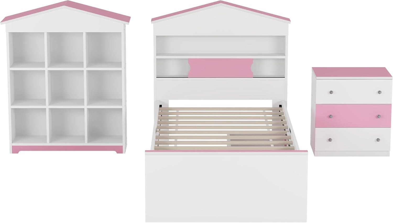 3 Pcs Bedroom Sets, Twin Size House Shaped Wooden Bed with Storage Drawers, Nightstand with Colorblock Design and House Shaped Stroage Rack, Pink+White