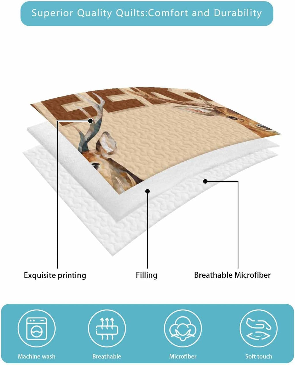 Quilt King Size Bedding Set, Farmhouse Deer Lightweight Summer Quilt 3 Pieces Bedding Sets, Wildlife Elk Animals Rustic Orange Reversible Soft Bedspreads Coverlets with 2 Pillow Shams for All Season