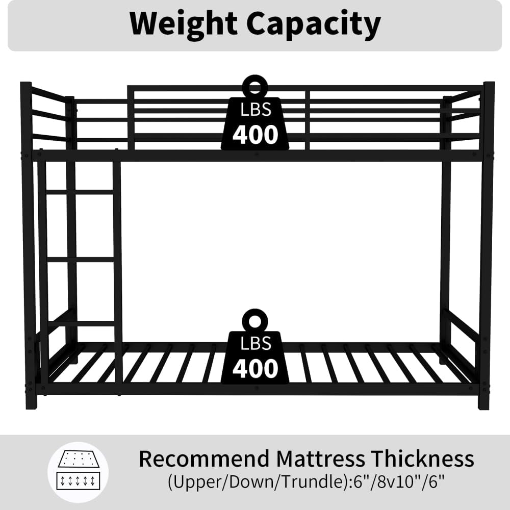 Twin Over Full Metal Bunk Bed, with Ladder & Full-Length Guardrail for Teens Adults, Noise Free (Black + Metal + Metal)