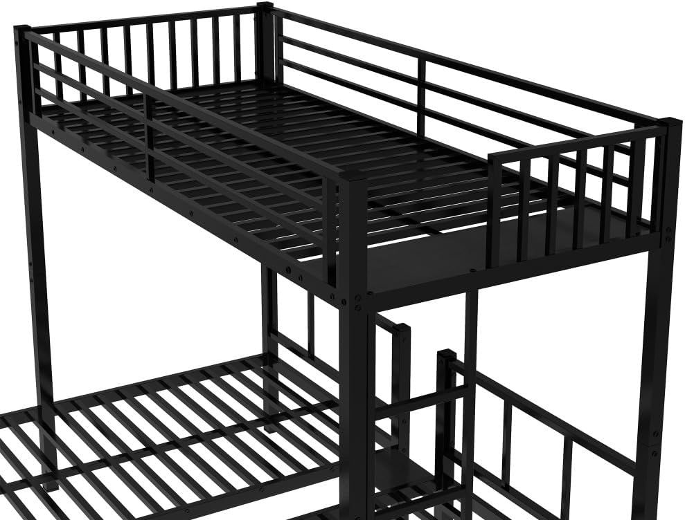 Twin Over Twin & Queen Bunk Bed, with Safety Guardrails,Space-Saving/Noise Reduced,Black (Black + Metal + Twin)
