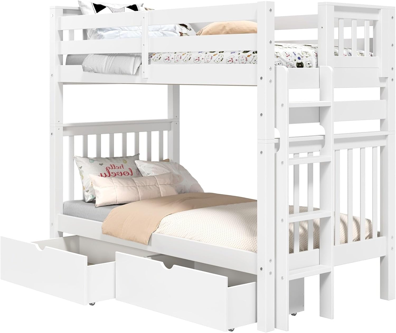 Bedz King Tall Bunk Beds Twin Over Twin Mission Style, End Ladder, 2 Storage Drawers, White