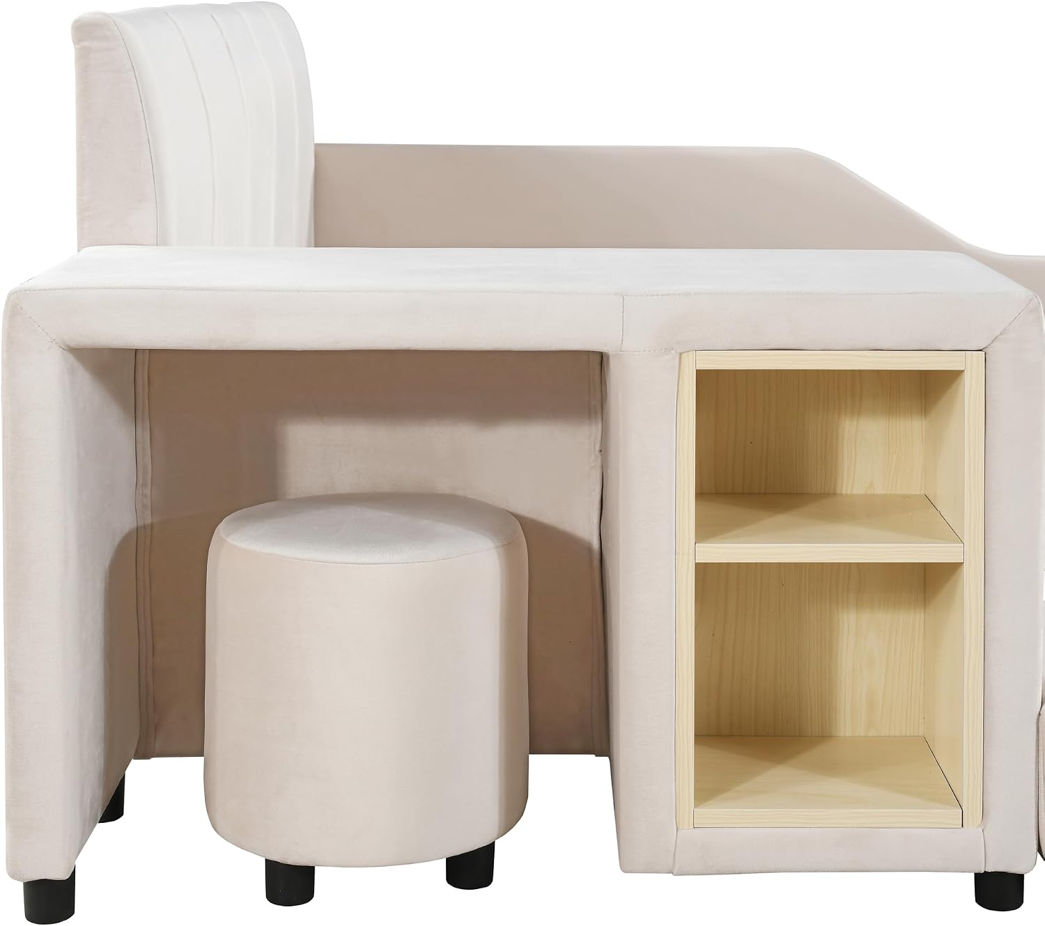 Upholstered Grounded Bed, Full Size Mother & Child Bed with Bedside Desk and Little Round Stool, Velvet Fabric, No Box Spring Needed (Beige, Full)
