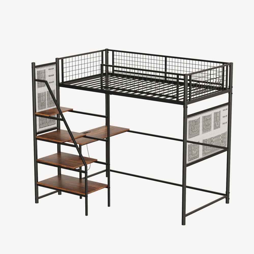 Twin Sized loft Metal Bed with Black for Bedroom and Dormitory, with Built-in Charging Station and LED Lighting (Black + Metal & Wood + Bedroom)
