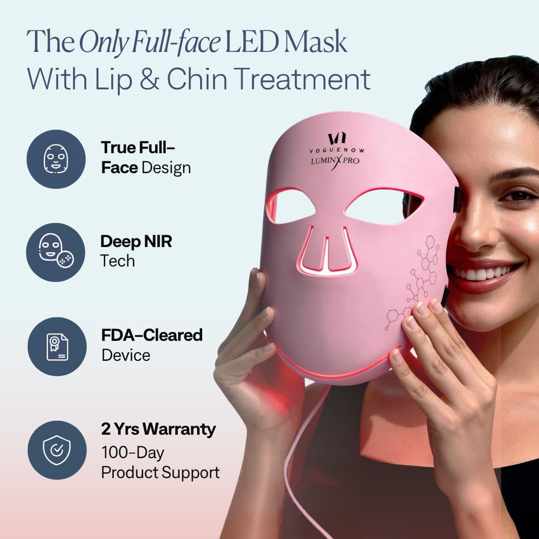 VogueNow LED Light Therapy Mask - FDA-Cleared Device for Wrinkles & Acne - Red Light Therapy for Face with Chin & Lip Coverage - Red, Blue & Near Infrared Facial Skincare Device with 280 LEDs