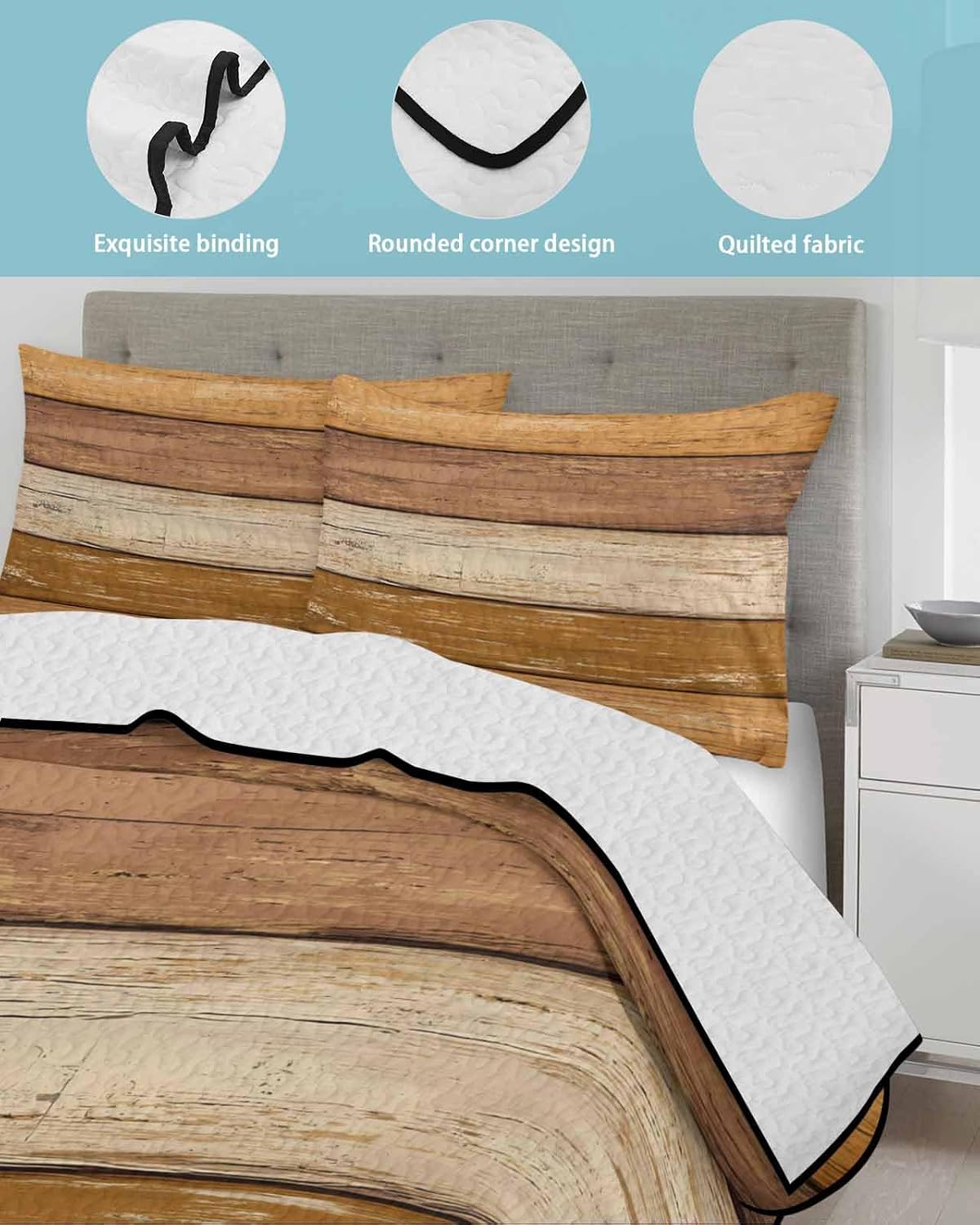 Quilt King Size Bedding Set, Farmhouse Yellow Brown Lightweight Summer Quilt 3 Pieces Bedding Sets, Vintage Wooden Striped Reversible Soft Bedspreads Coverlets with 2 Pillow Shams for All Season