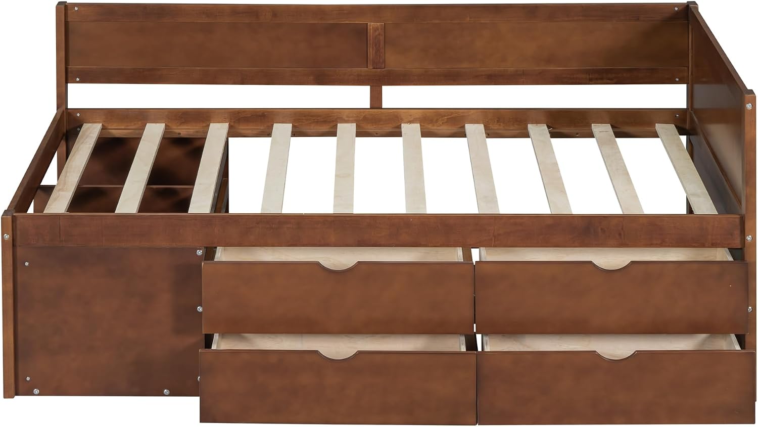 Twin Size Daybed with 4 Pull-Out Drawers and 3 Functioning Shelves,Solid Wood Day Bed Frame with Wooden Slats Support for Bedroom,No Box Spring Required (Walnut-AB40)