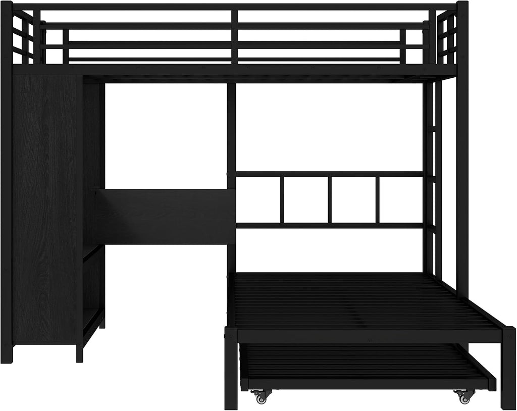 JIVOIT Metal Bunk Bed with Trundle, Twin Over Twin Bunk Bed with Foldable Desk, Built-in Wardrobe, Ladders and Safety Guard, Noise-Reduced Design, Space-Saving, No Box Spring Needed