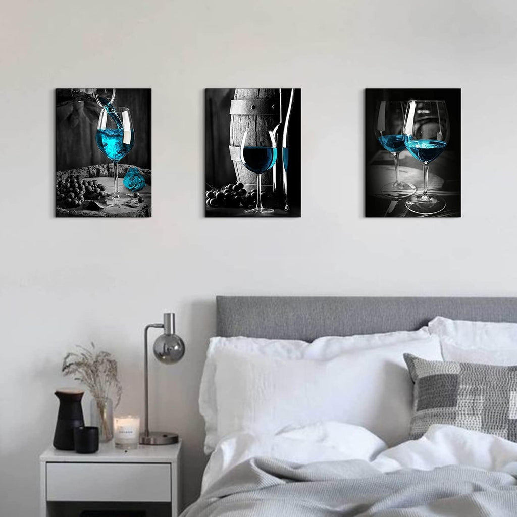 3 Panel Wine Glass Pictures Wall Decor Teal Blue Wall Art for Kitchen Bar Turquoise Home Decorations, Black and White Cask Barrel Pictures Retro Gray Posters Framed Canvas Prints Dining Room 20x28'