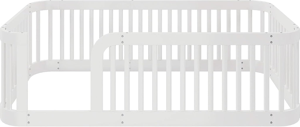 JIVOIT Twin Size Floor Bed Frame with Fence, Wood Montessori Floor Bed with Safety Guardrail, Easy Assembly (White/124)