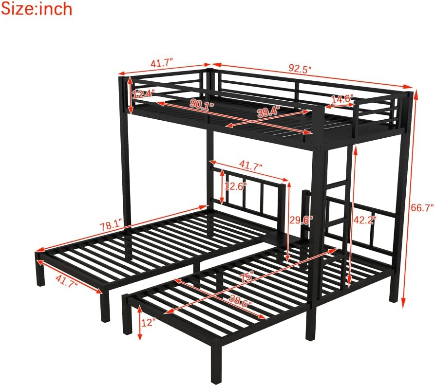 Twin Over Twin & Queen Bunk Bed, with Safety Guardrails,Space-Saving/Noise Reduced,Black (Black + Metal)