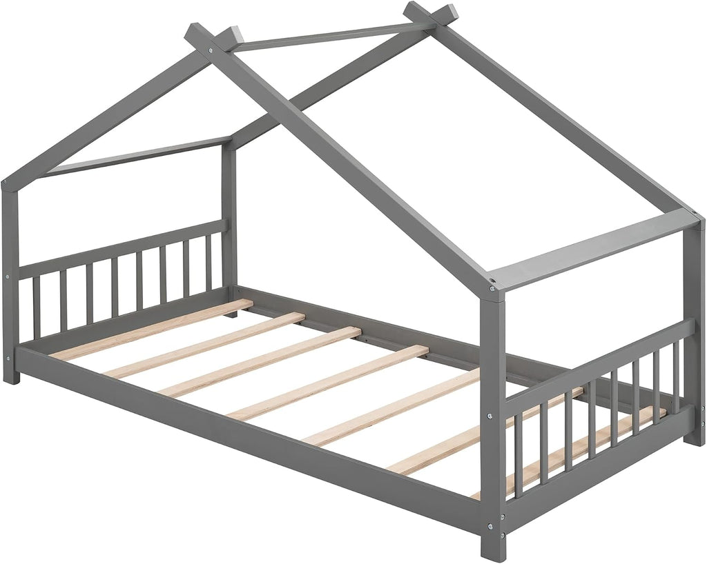 JIVOIT Twin Size Wood House Bed, Solid Wood Tent Bed Canopy Bed Frame with Roof Design, Twin Floor Bed with Wood Slats Support, No Box Spring Needed (Gray-Twin-Pinewood)