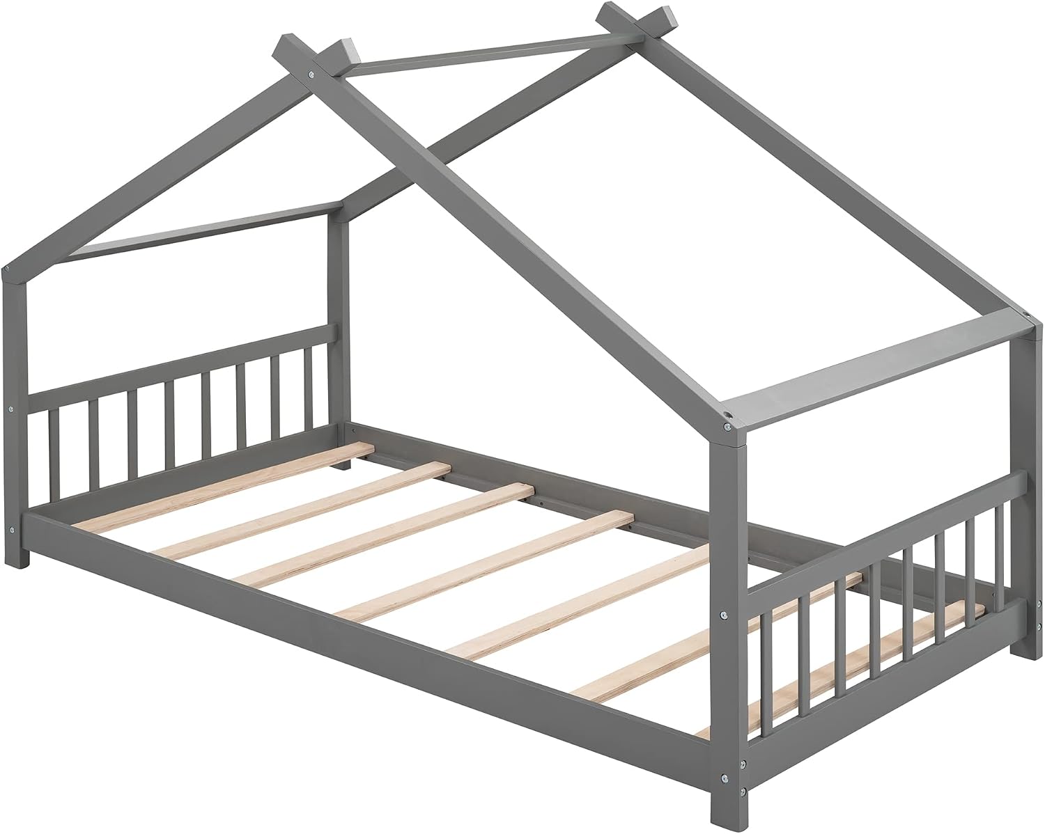 JIVOIT Twin Size Wood House Bed, Solid Wood Tent Bed Canopy Bed Frame with Roof Design, Twin Floor Bed with Wood Slats Support, No Box Spring Needed (Gray-Twin-Pinewood)