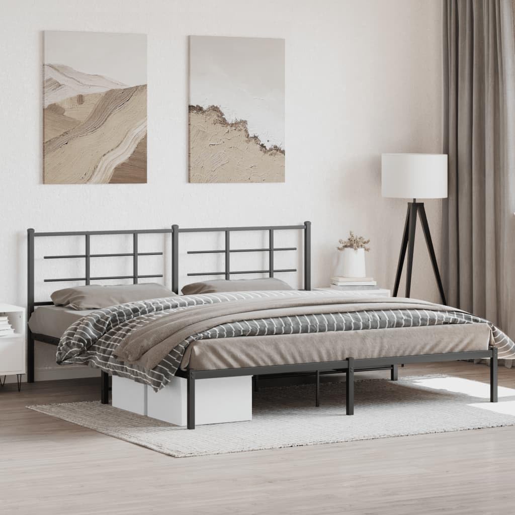 Black Powder-Coated Steel Double Bed Frame with Chic Headboard and Underbed Storage, 4-Piece Modern Bedroom Furniture Set for Enhanced Stability and Space Efficiency