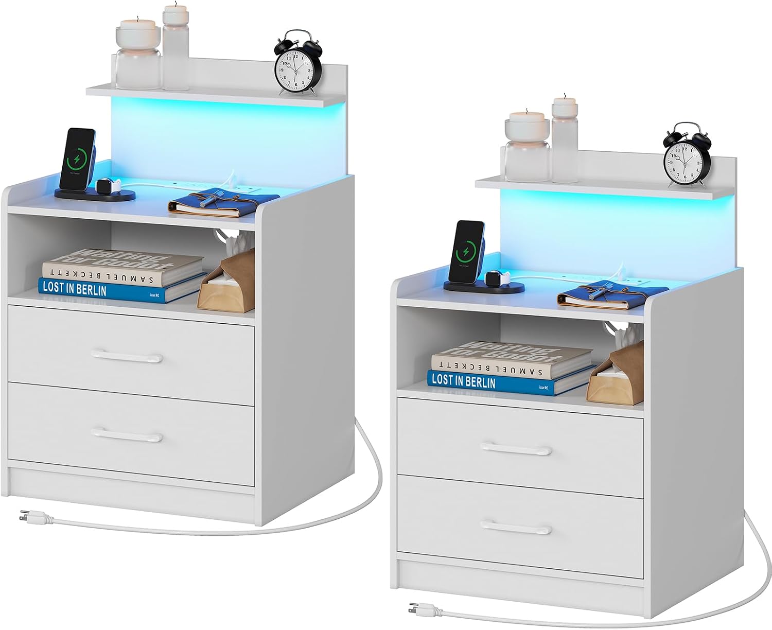 Nightstand Set of 2 with Charging Station and LED Lights, Bedside Table with 2 Drawers and Open Storage Shelf, 2 USB Ports and 2 AC Outlets, LED Night Stands for Bedroom Set of 2, White