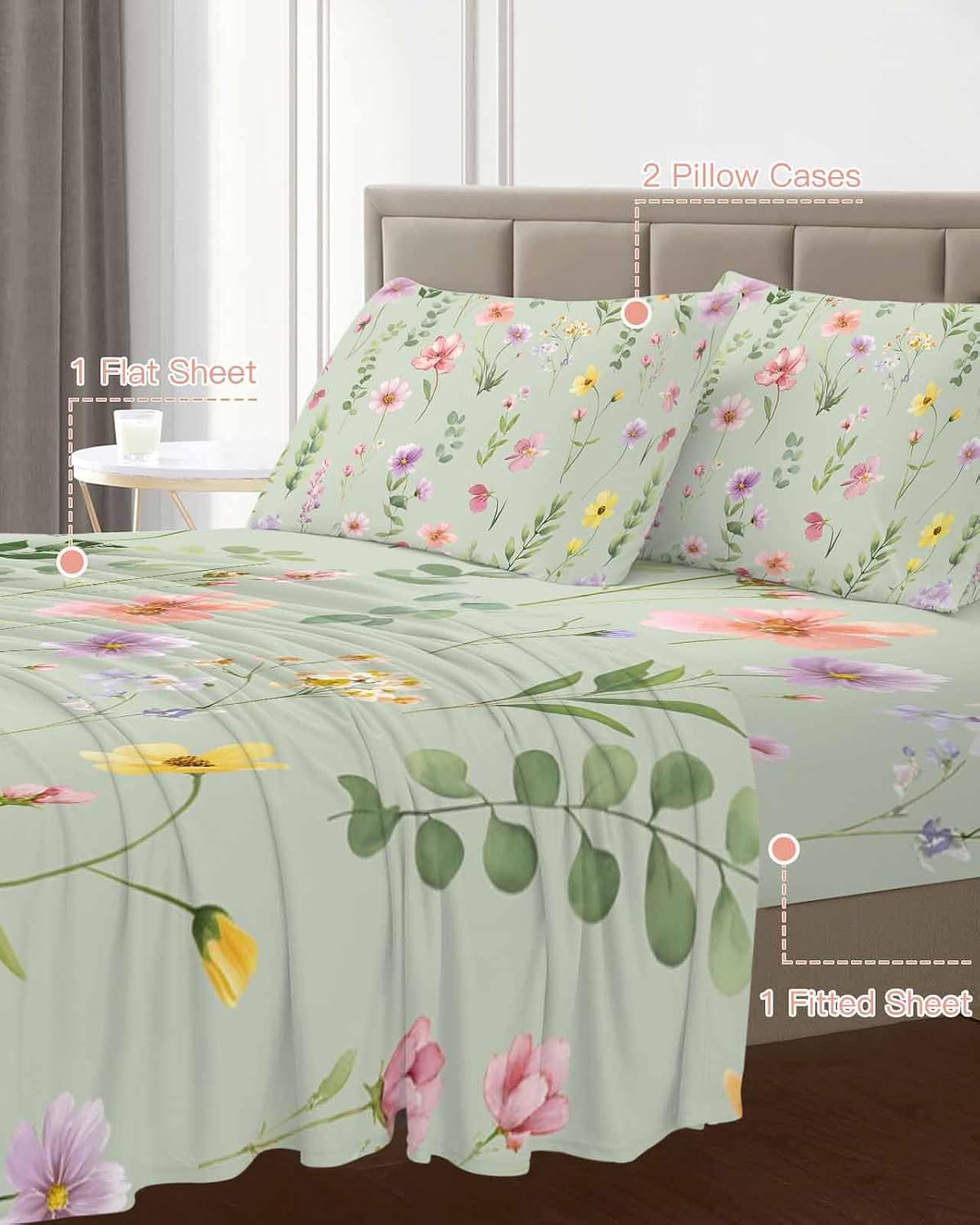 Pink Spring Floral Cal King Sheet Set 4 Piece Bedding - Farmhouse Flowers Sage Green Leaves Breathable Comfy Cooling Bed Sheets & Pillowcase Sets, Hotel Luxury Flat Sheets Deep Pockets Fitted Sheet