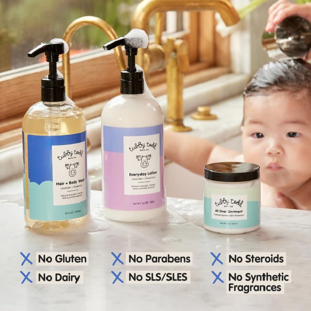 TUBBY TODD 3-Step Baby Bath & Skincare Routine - The Regulars Bundle - Baby Shampoo and Body Wash, Everyday Lotion 25 Oz & All Over Ointment 8 Oz - Fragrance-Free
