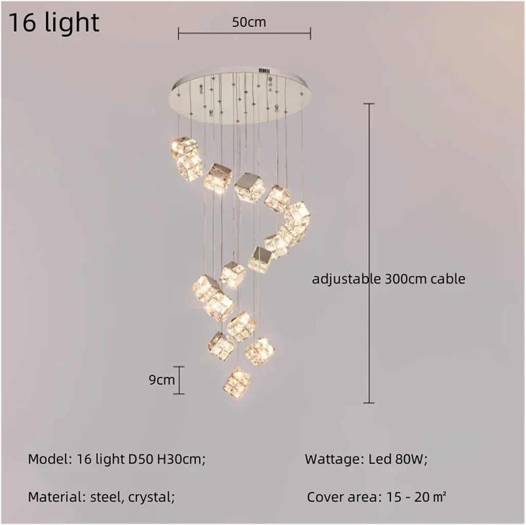 Modern K9 Crystal Led Chandelier Stair Luxury Cube Steel Pendant Lights Indoor Decor Lighting Lamparas Luminarias Lighting Versatile Use(16heads)