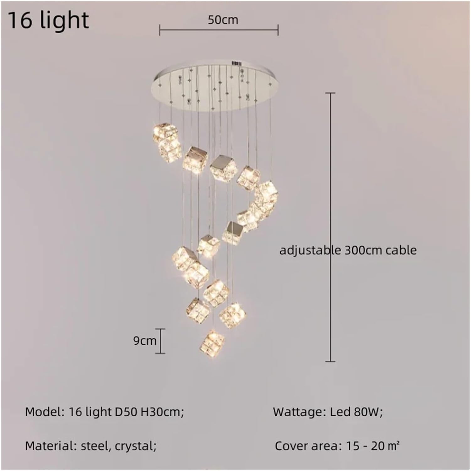 Modern K9 Crystal Led Chandelier Stair Luxury Cube Steel Pendant Lights Indoor Decor Lighting Lamparas Luminarias Lighting Versatile Use(16heads)