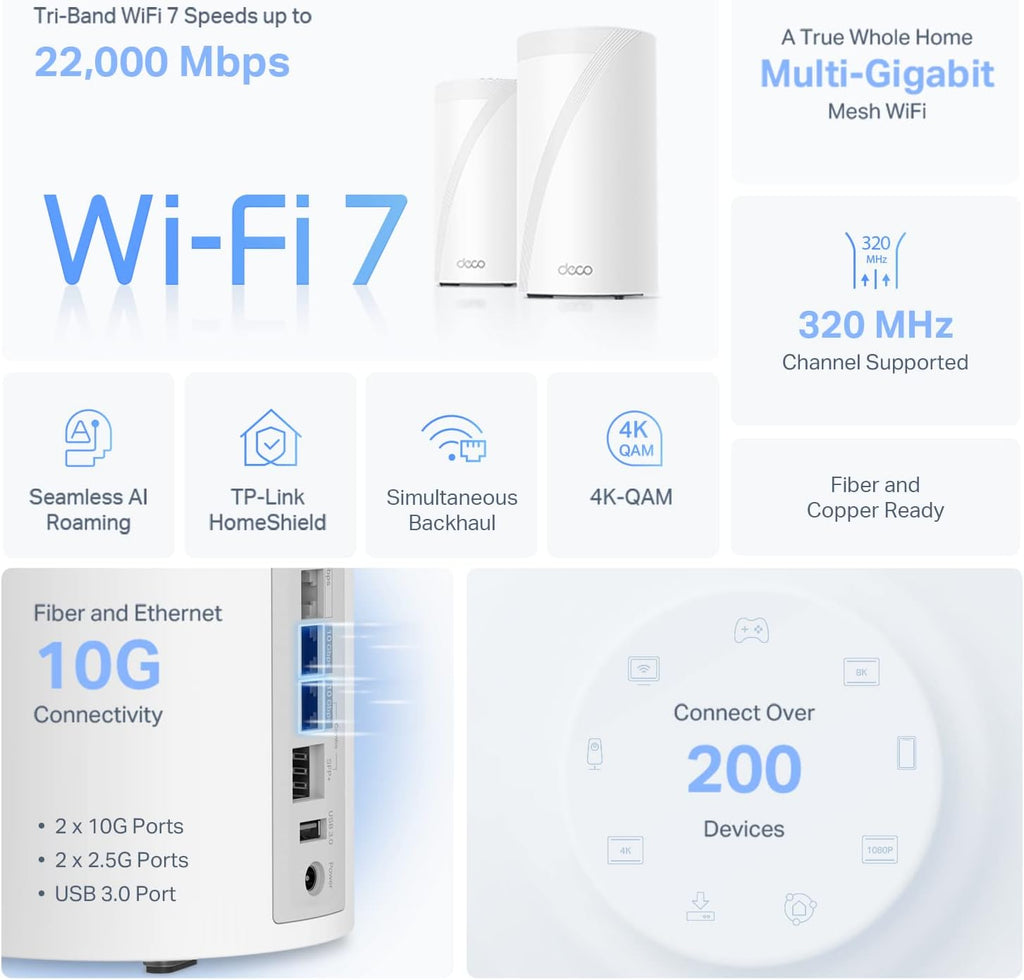 TP-Link Deco 7 Elite BE85 Tri-Band WiFi 7 BE22000 Whole Home Mesh System - 12-Stream 22 Gbps, 2X 10G + 2X 2.5G Ports, Wired Backhaul, 8X High-Gain Antennas, VPN, AI-Roaming, HomeShield (2-Pack)