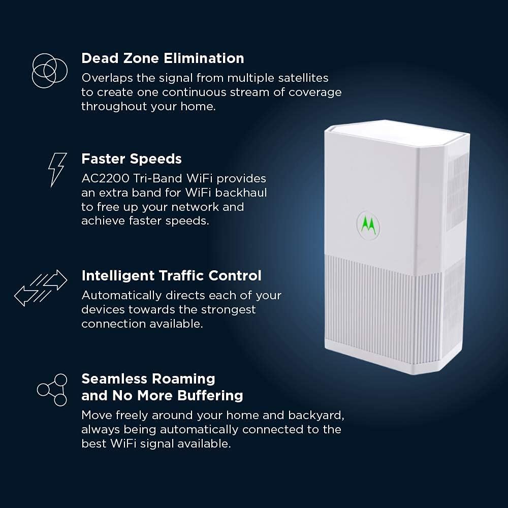 MOTOROLA Whole Home Mesh WiFi Satellite, AC2200 Tri-Band Mesh WiFi ADD ON, up to 3,000 sq ft (MH7021)