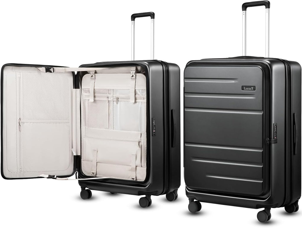 LUGGEX Checked Suitcase with Spinner Wheels, FLO5 Top Opening Expandable Polycarbonate Hard Shell Suitcase with TSA Approved Lock (FX-Core, Black, 28 Inch)