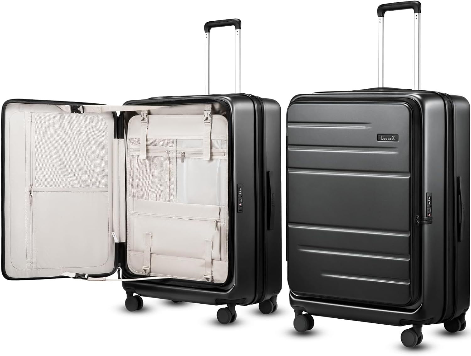 LUGGEX Checked Suitcase with Spinner Wheels, FLO5 Top Opening Expandable Polycarbonate Hard Shell Suitcase with TSA Approved Lock (FX-Core, Black, 28 Inch)