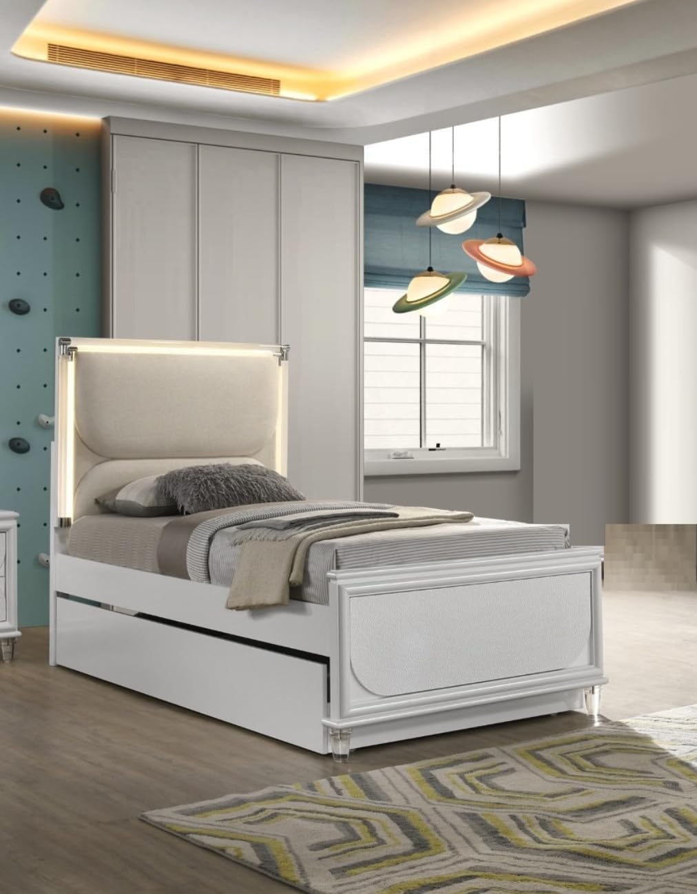 Pearl White Twin Size Bed W Trundle 2X Nightstands Embossed Panel 3pc Bedframe Bedroom Furniture