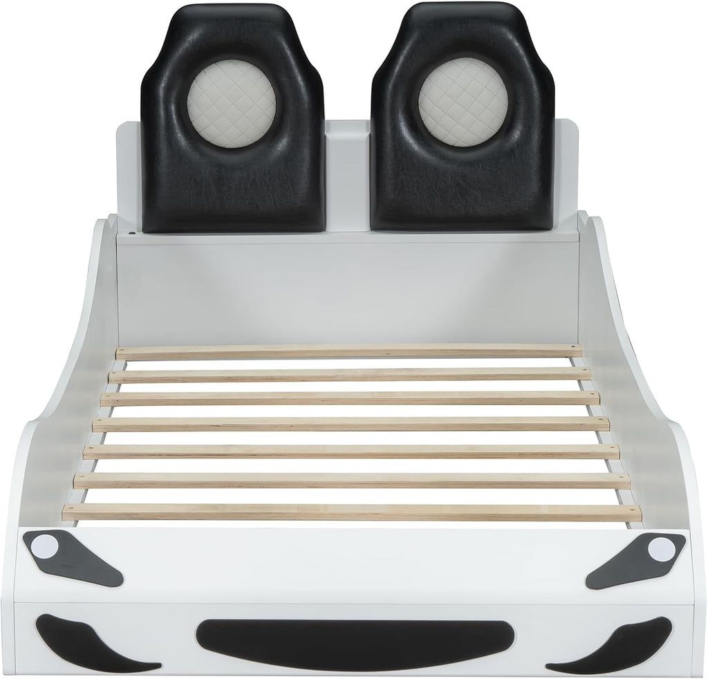 Race Car-Shaped Platform Bed with LED and Upholstered Backrest,Wood Bed Frame with Slat for Bedroom,No Box Spring Needed (White, Twin)