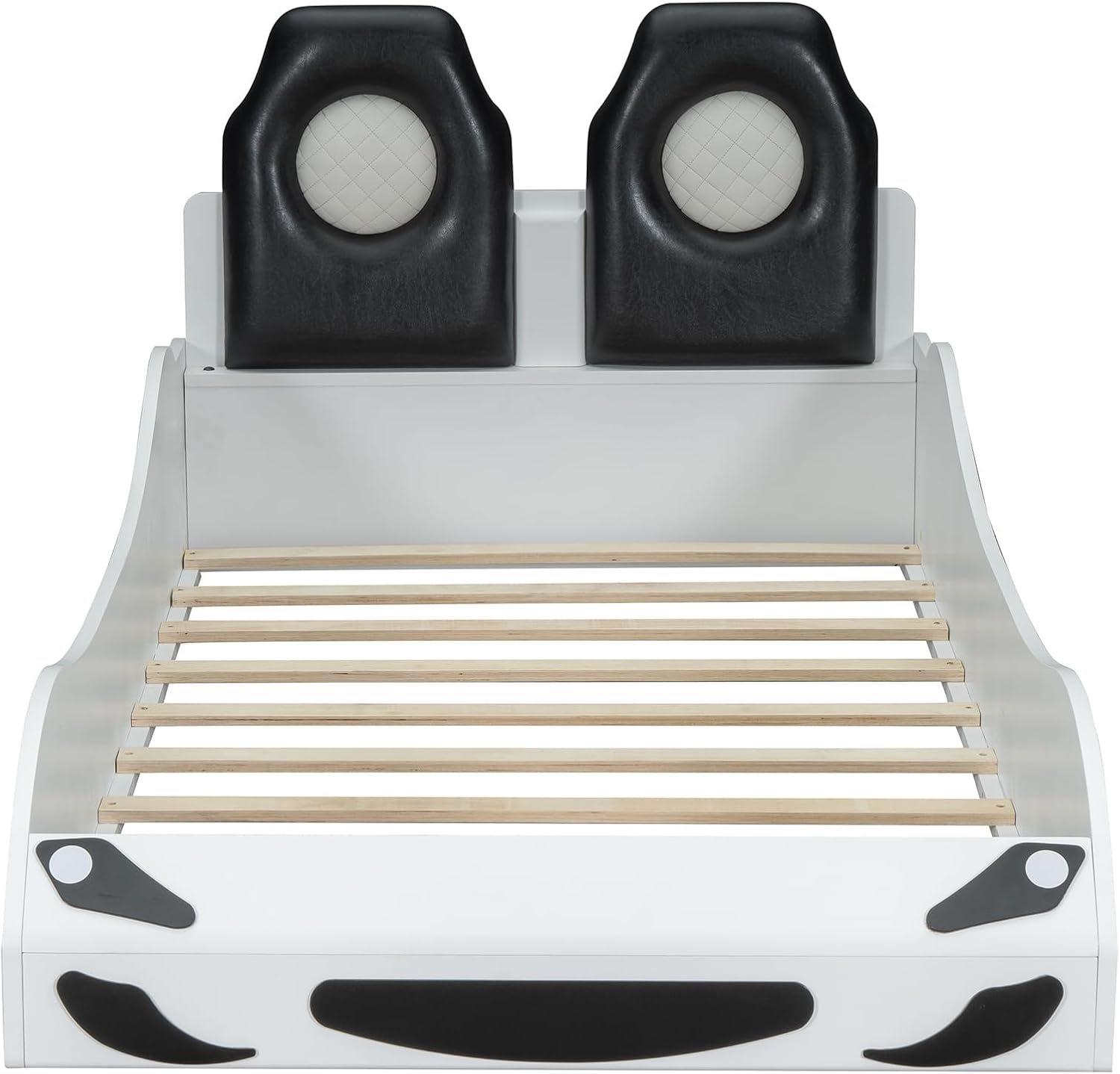 Race Car-Shaped Platform Bed with LED and Upholstered Backrest,Wood Bed Frame with Slat for Bedroom,No Box Spring Needed (White, Twin)