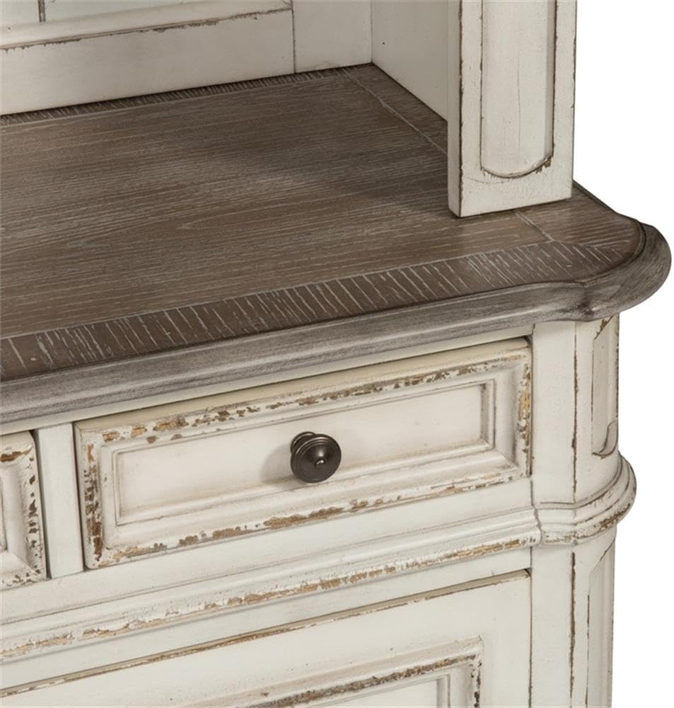 Liberty Furniture Magnolia Manor 3 Piece Desk, Credenza & Hutch Set for Home Office - Antique White & Weathered Bark
