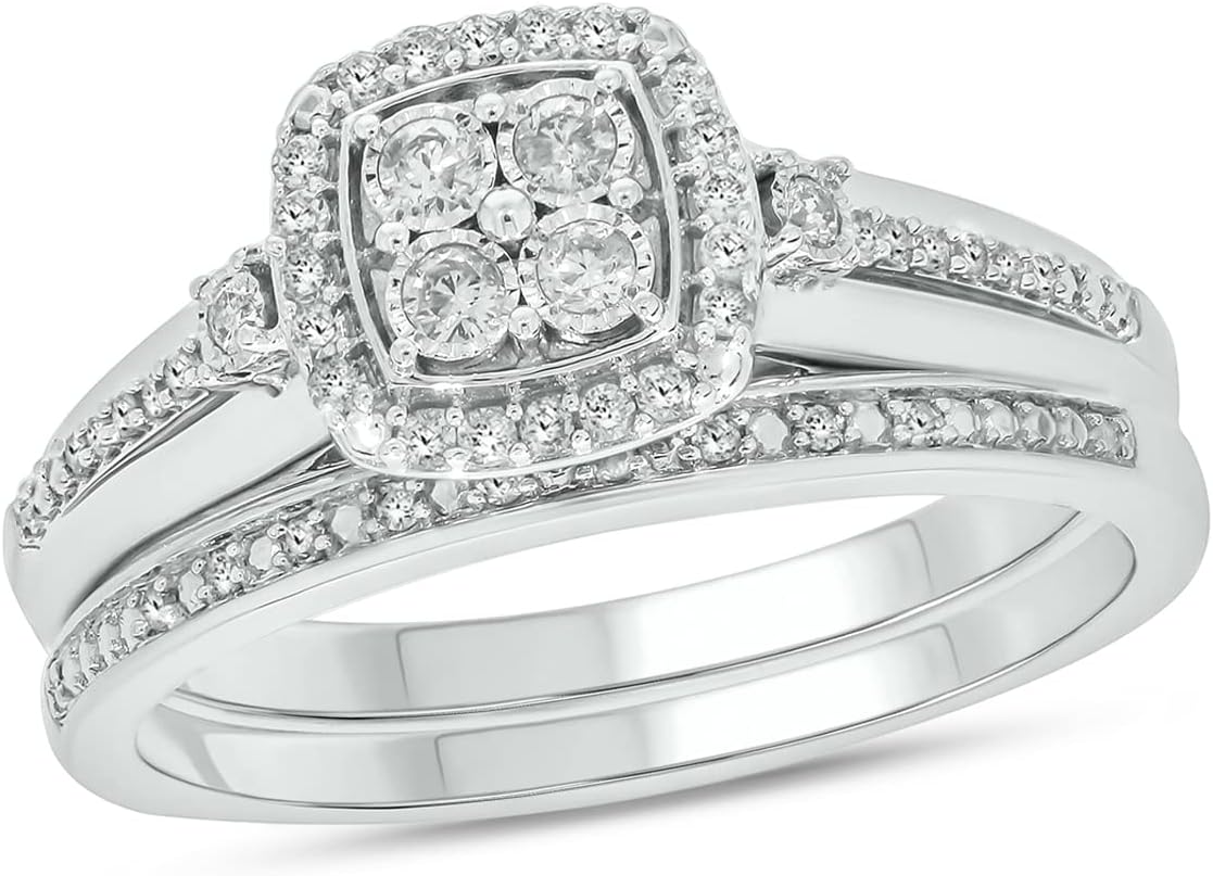 Cali Trove 1/3 Ct Natural Diamond Twisted Band Engagement Rings with Round Halo Cluster | 925 Sterling Silver Rings | Bridal Set for Women | Wedding Jewelry | Statement Rings | Romantic Gift for Her