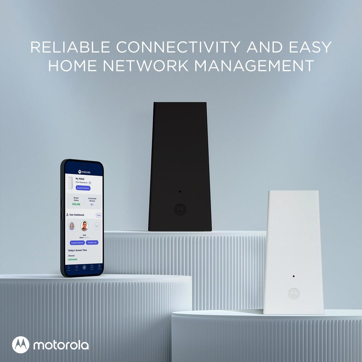 Motorola MQ20 WiFi 6E Router with Easy Mesh, Tri-Band 8.4 Gbps Speed, 3000 sq. ft Coverage, Advanced Parental Controls, Next-Gen Security & Seamless Device Management - White, Dual Pack