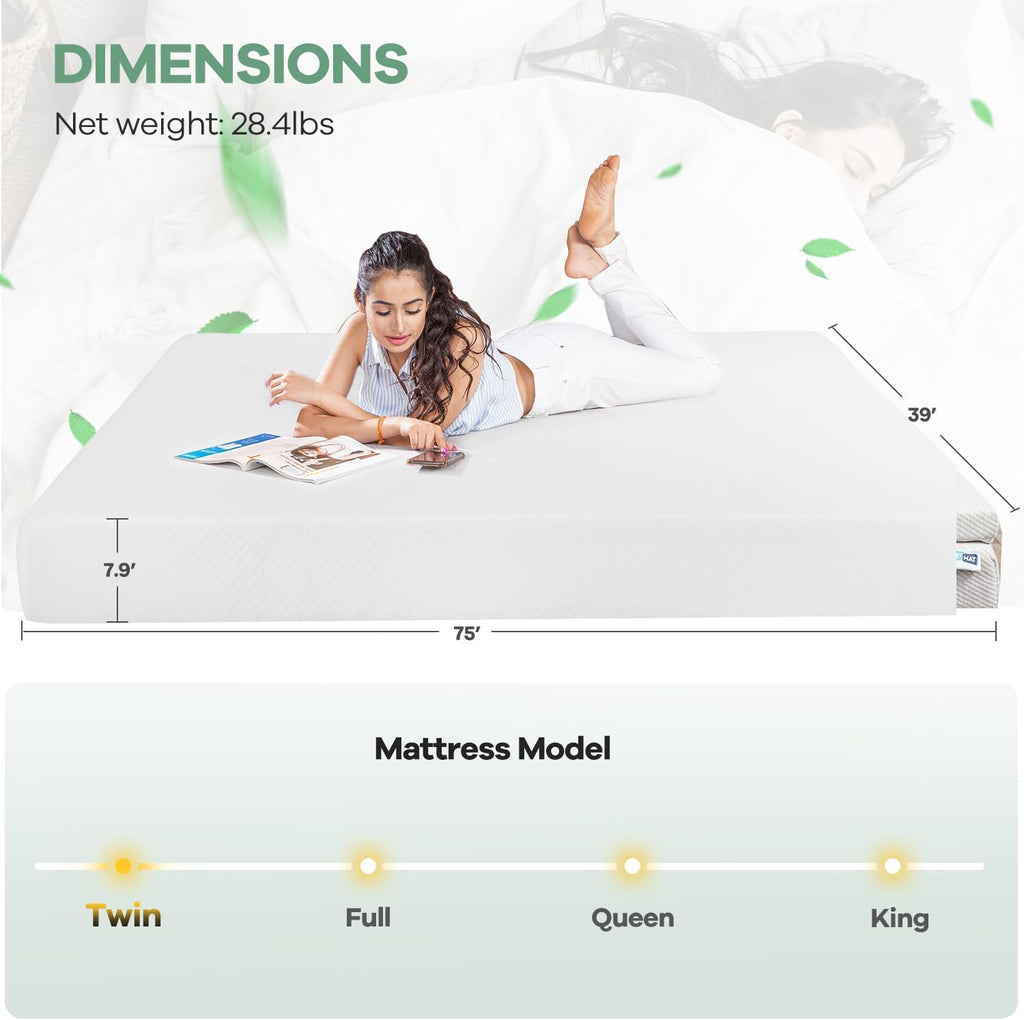 NChanmar 8 inch Memory Foam Mattress Cooling Gel Green Tea Mattress/Pressure Relieving/CertiPUR-US Certified/Bed-in-a-Box/Cooling Gel Foam,White,Twin