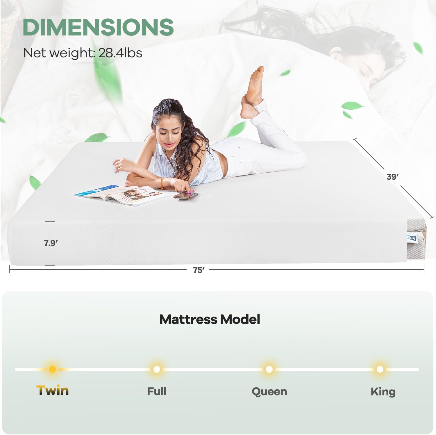 NChanmar 8 inch Memory Foam Mattress Cooling Gel Green Tea Mattress/Pressure Relieving/CertiPUR-US Certified/Bed-in-a-Box/Cooling Gel Foam,White,Twin