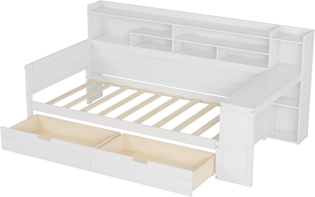 Mirightone Corner Twin Bed Frame with Bookcase Storage and Desk, Wood Day Beds with 2 Drawers, Twin Size Daybed with Storage for Living Room,Bedroom & Guest Room, White