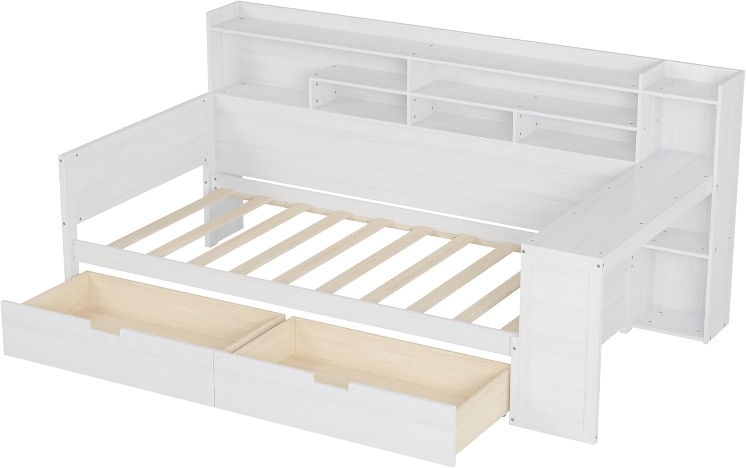 Mirightone Corner Twin Bed Frame with Bookcase Storage and Desk, Wood Day Beds with 2 Drawers, Twin Size Daybed with Storage for Living Room,Bedroom & Guest Room, White