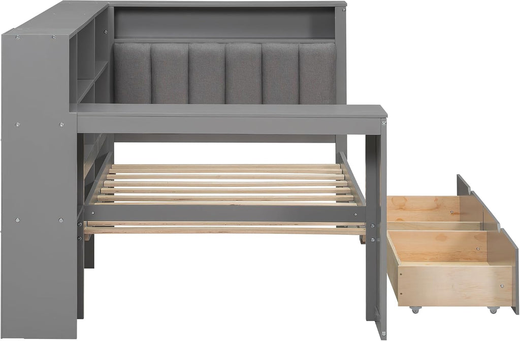 Twin Size Platform Bed with Storage Shelves and Drawers, Solid Wood Daybed with Charging Station, LED, Desk and Upholstered Headboard for Living Room Bedroom (Grey-JU11)