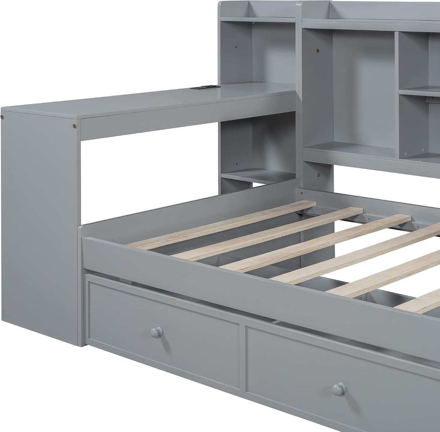Twin Size Daybed with Storage Shelves and Study Desk, Wooden Daybed Sofa Bed Frame with 3 Drawers and USB Ports for Office Living Room Bedroom, Maximize Space (Gray-23U)