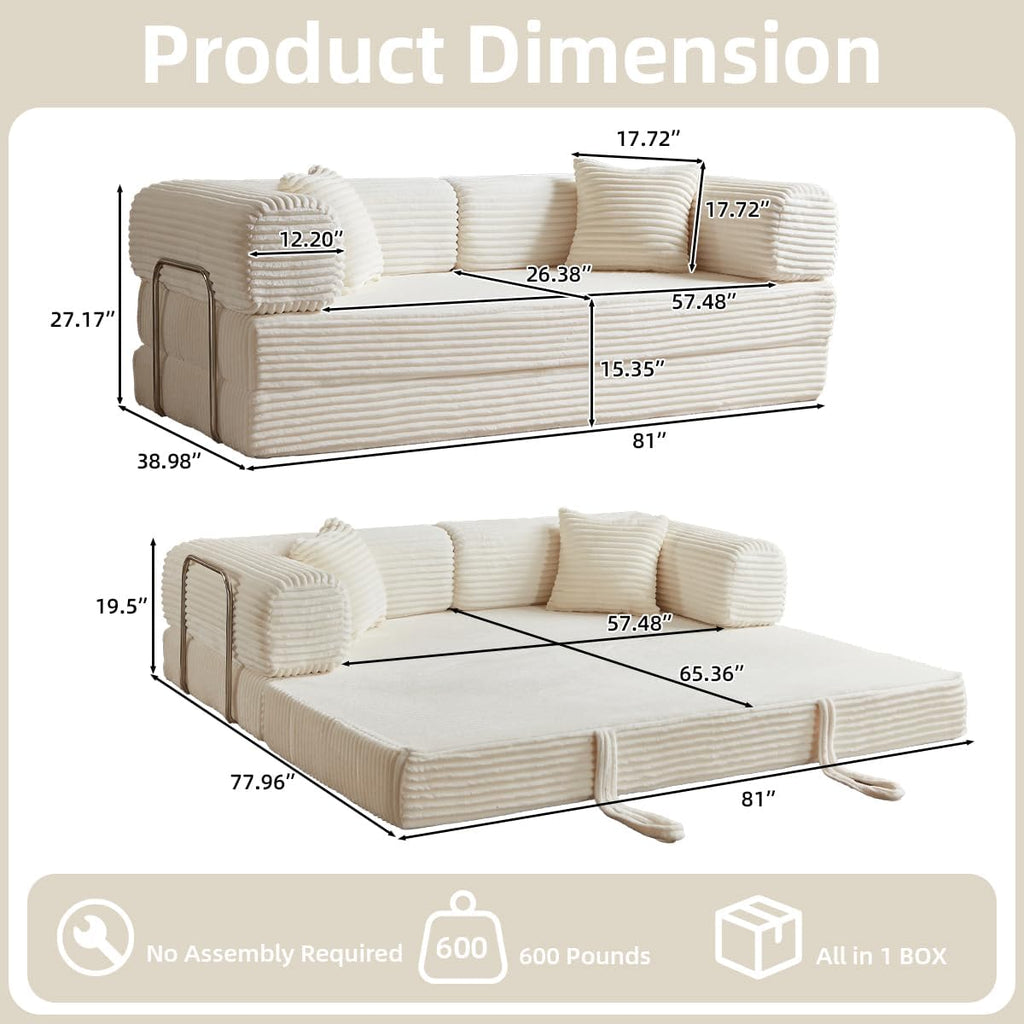 81 Inch Convertible Folding Sofa Bed,Fold Out Floor Sofa Couch with Fixed-Shape Frame,Corduroy Foldable Mattress Cloud Couch for Living Room Bedroom (Off White)