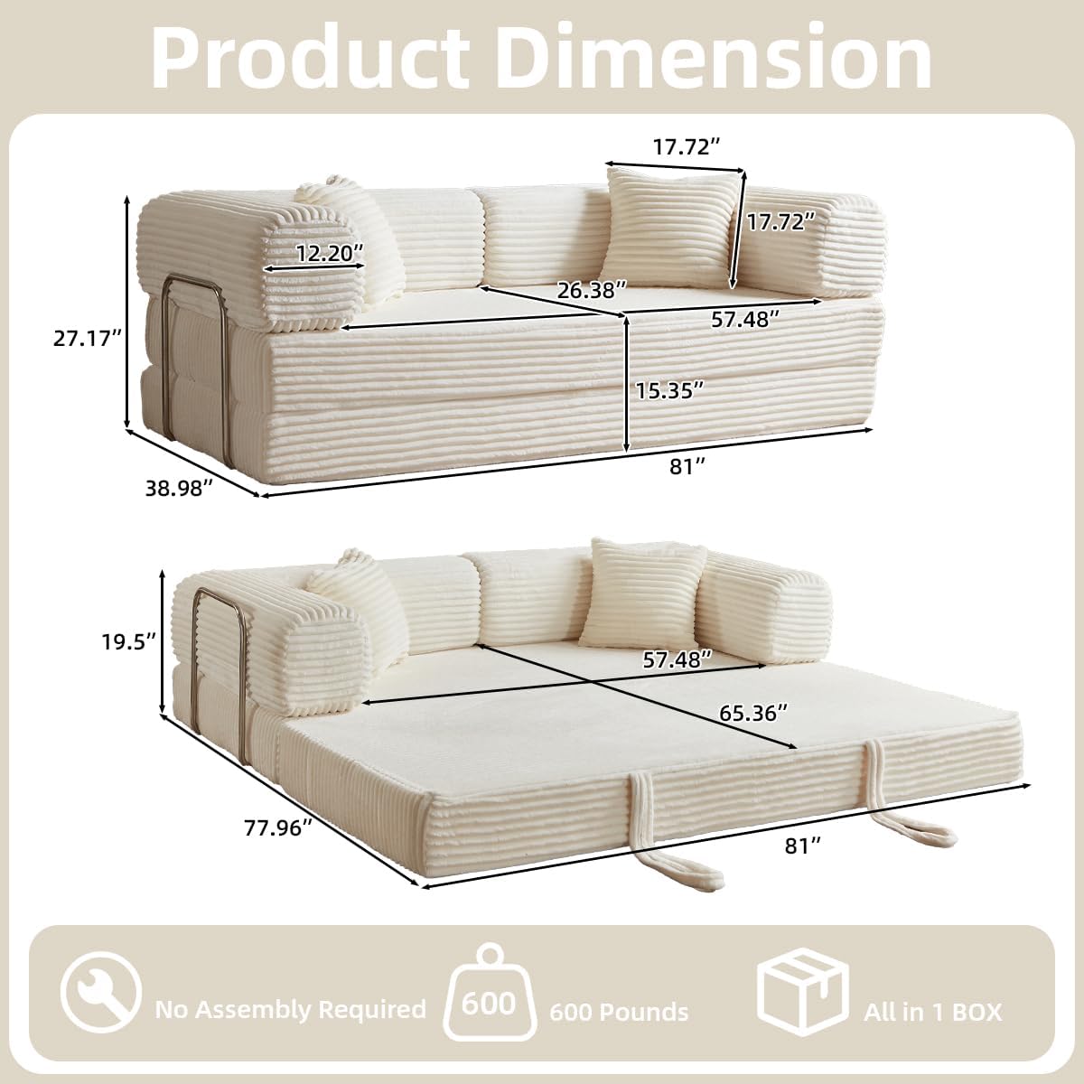81 Inch Convertible Folding Sofa Bed,Fold Out Floor Sofa Couch with Fixed-Shape Frame,Corduroy Foldable Mattress Cloud Couch for Living Room Bedroom (Off White)