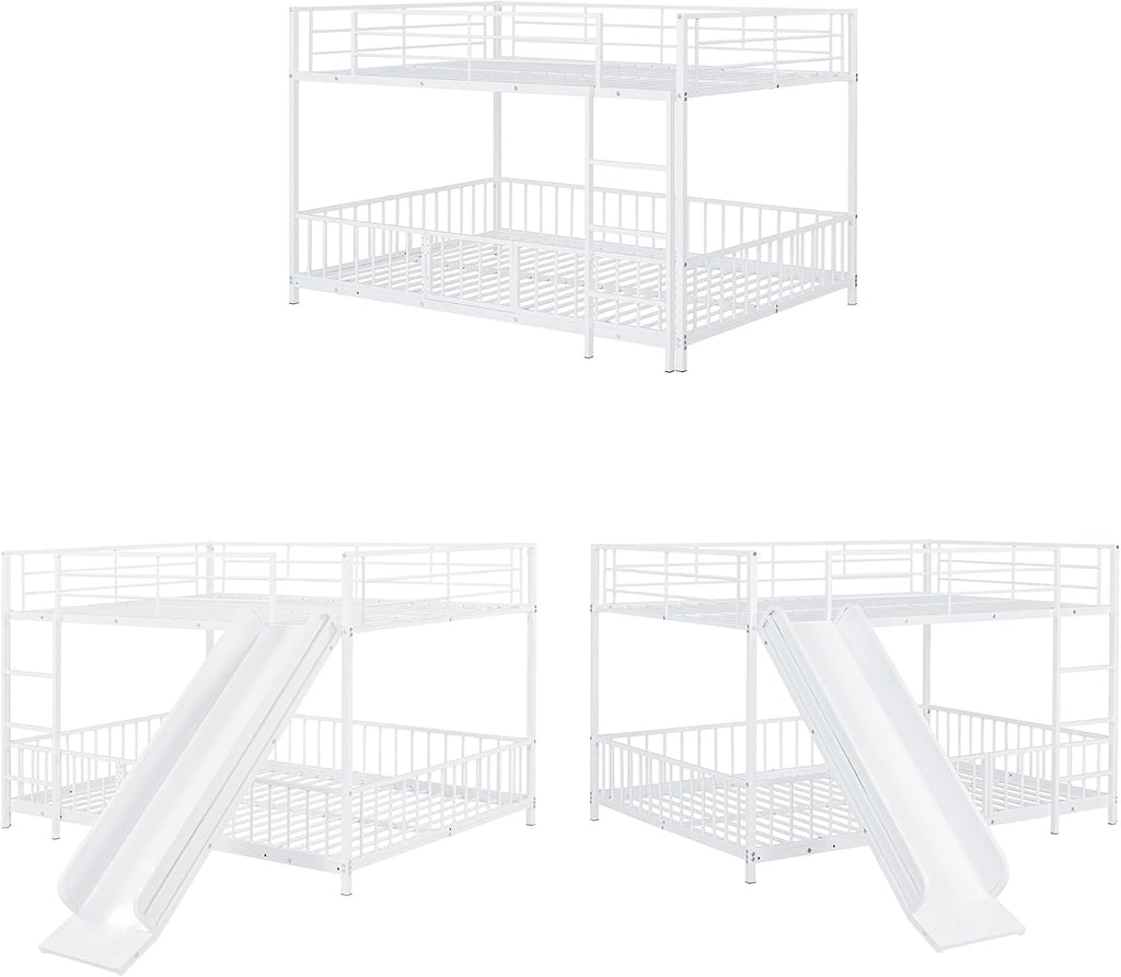 JIVOIT Metal Bunk Bed Frame with Slide and Ladder, Full Over Full Bunk Bed Size with Metal Slats Support, Full-Length Guardrail, Heavy Duty Metal Low Bunk Bed, No Box Spring Needed (White,Full,09)