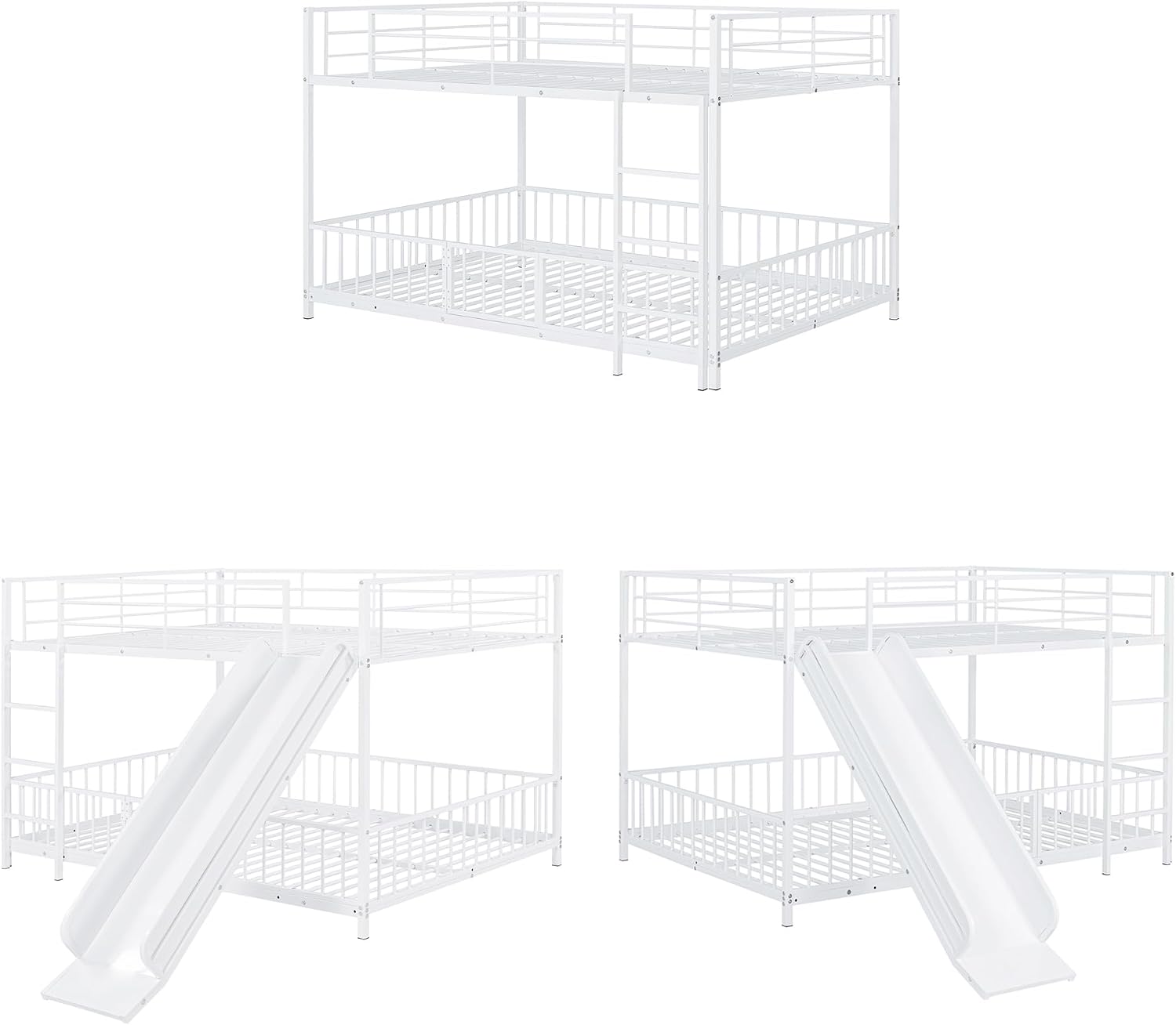 JIVOIT Metal Bunk Bed Frame with Slide and Ladder, Full Over Full Bunk Bed Size with Metal Slats Support, Full-Length Guardrail, Heavy Duty Metal Low Bunk Bed, No Box Spring Needed (White,Full,09)