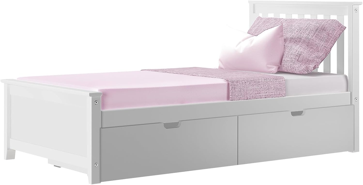 Max & Lily Classic Twin Bed, Slatted Headboard, with Storage Drawers, White