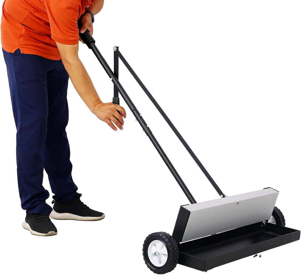 24'' Rolling Magnetic Pick-Up Sweeper with Quick Release Heavy Duty Magnetic Sweeper with All Terrain Wheels 100 Pound Capacity Push-Type Ergonomic Handle for Picking Up Nails Screws Metal Debris