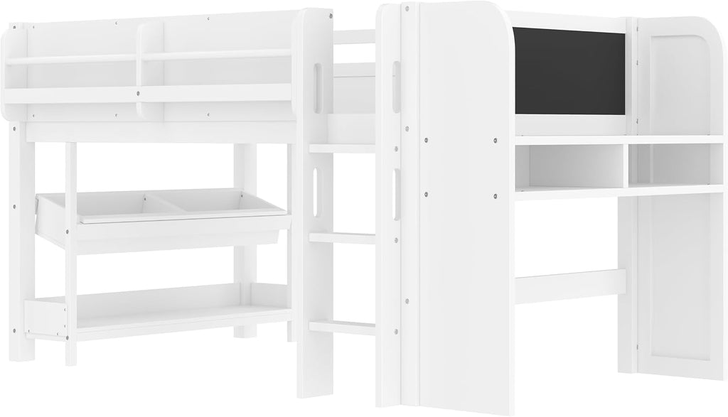 MERITLINE Twin Loft Bed with Desk & Blackboard, Twin Multi-Functional Bed with Storage, All-in-One Study & Play Design, White