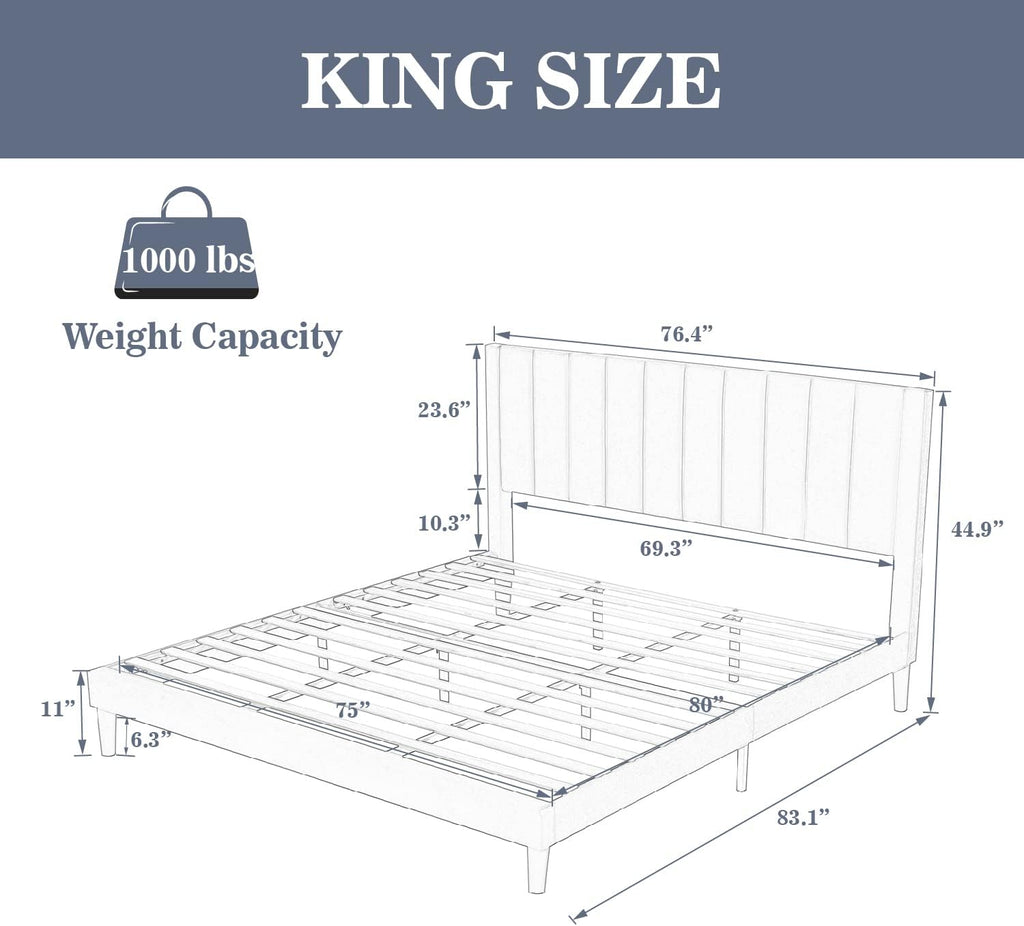 Allewie King Bed Frame/Velvet Upholstered Bed Frame with Vertical Channel Tufted Headboard/Strong Wooden Slats/Platform Bed Frame/Mattress Foundation/Box Spring Optional/Easy Assembly/Black