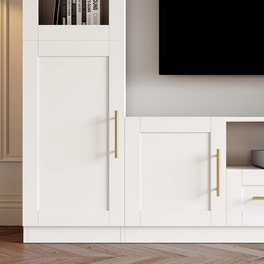 Entertainment Wall Unit, 4-Piece Large TV Stand Wall Unit Entertainment Center with Bookshelves & Storage, Wall Media Center with Shelves for TVs Up to 70', Media Console for Living Room, White.