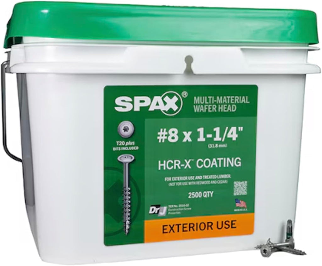 SPAX #8 x 1-1/4' Exterior Wafer Head Wood Screws Construction Torx T-Star Plus (2500 EA) Bulk Pail Includes 4 Bits Rust Resistant