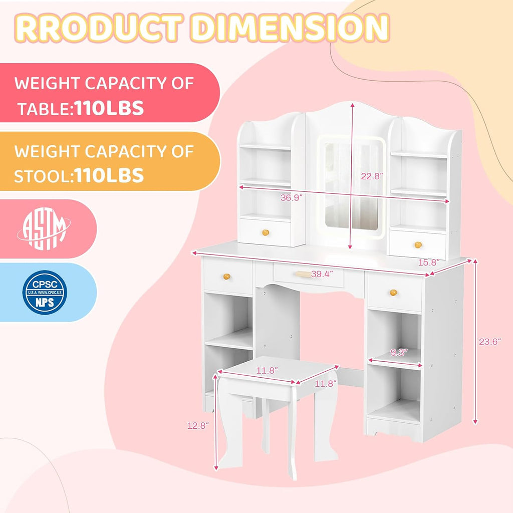 Arlopu Kids Vanity with 3-Color Lights, Girls Vanity Set w/Large Storage, Mirror ＆ Stool, 2 in 1 Princess Wooden Pretend Play Makeup Desk, Dressing Table and Chair, Open Shelves, Drawer (White)
