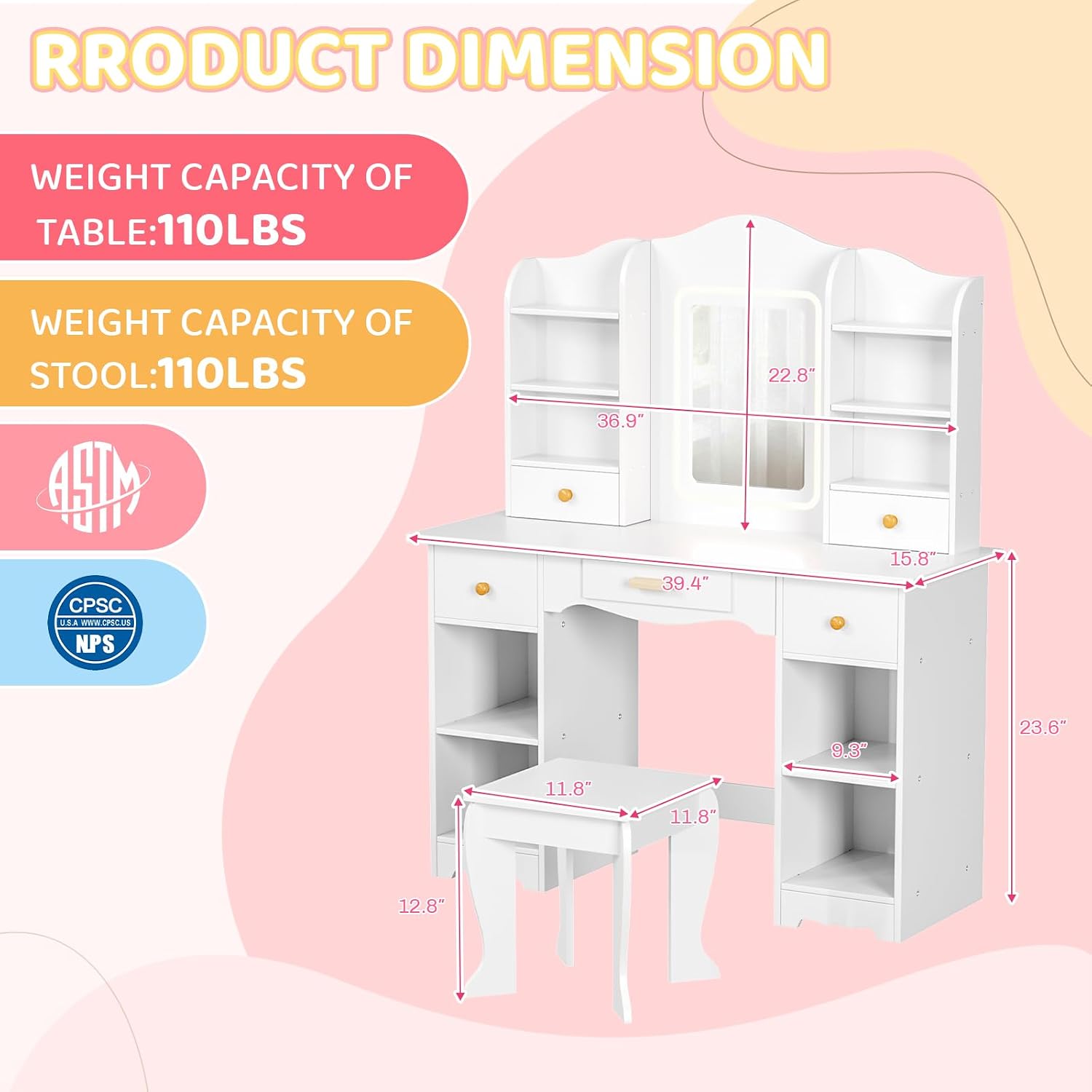 Arlopu Kids Vanity with 3-Color Lights, Girls Vanity Set w/Large Storage, Mirror ＆ Stool, 2 in 1 Princess Wooden Pretend Play Makeup Desk, Dressing Table and Chair, Open Shelves, Drawer (White)